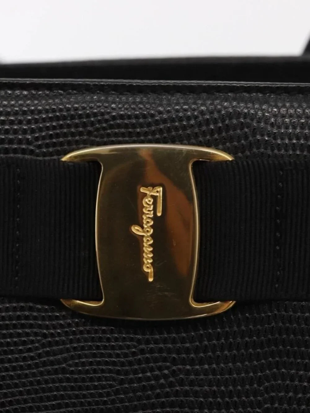 Salvatore Ferragamo Vala Tote Bag Leather Black Gold Auth gh1481